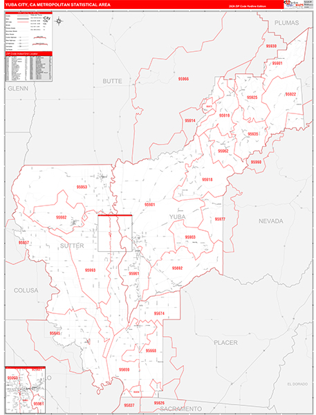 Yuba City Metro Area Wall Map Red Line Style